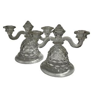 Fostoria Clear Glass American Bell Foot Double Arm Candlesticks Set of 2
